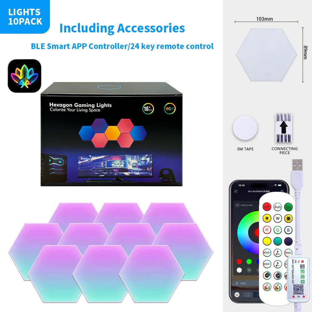Exagon Smart RGB Hexagon Wall Light USB Powered Color Changing DIY Mode Music Sync APP Control Modular DIM LED on for Game Room
