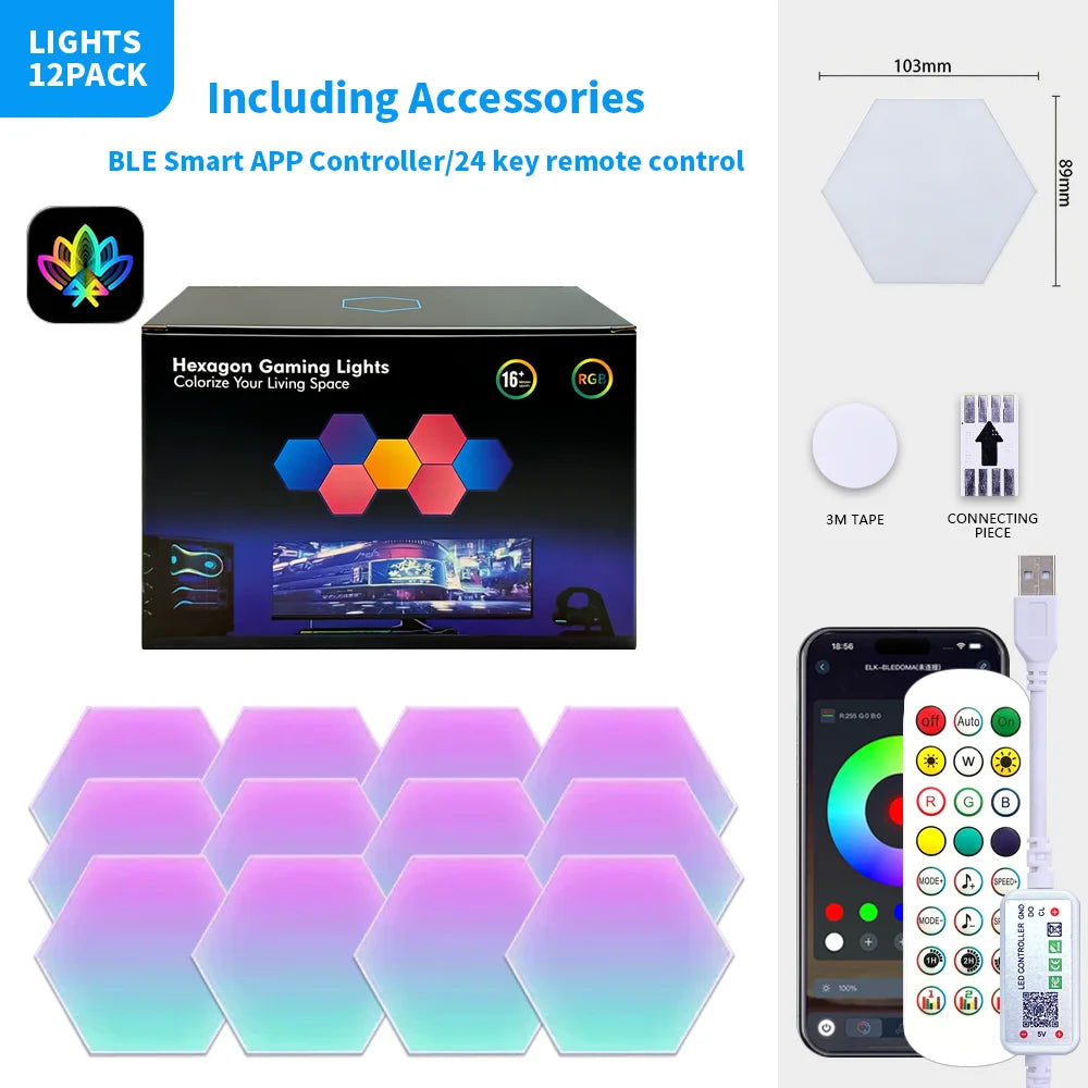 Exagon Smart RGB Hexagon Wall Light USB Powered Color Changing DIY Mode Music Sync APP Control Modular DIM LED on for Game Room